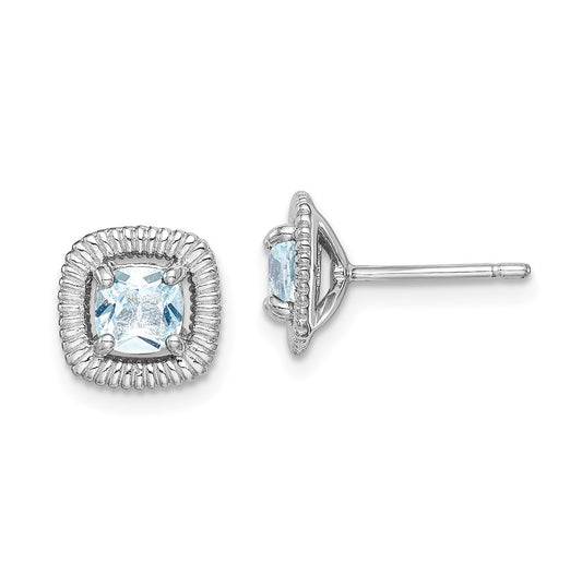 Sterling Silver Rhodium Plated Aquamarine Square Post Earrings