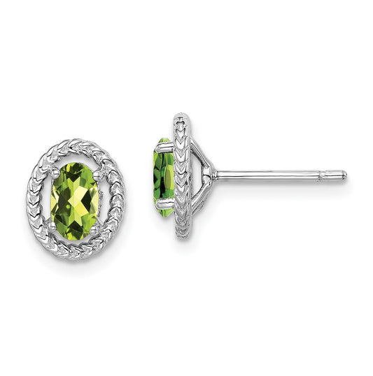 Sterling Silver Rhodium Plated Peridot Oval Post Earrings