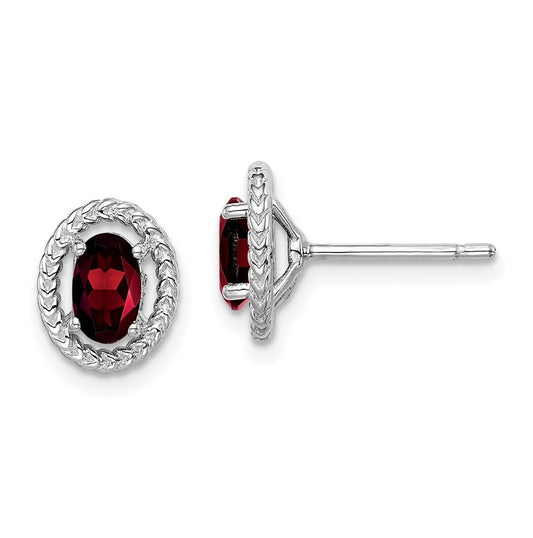 Sterling Silver Rhodium Plated Garnet Oval Post Earrings
