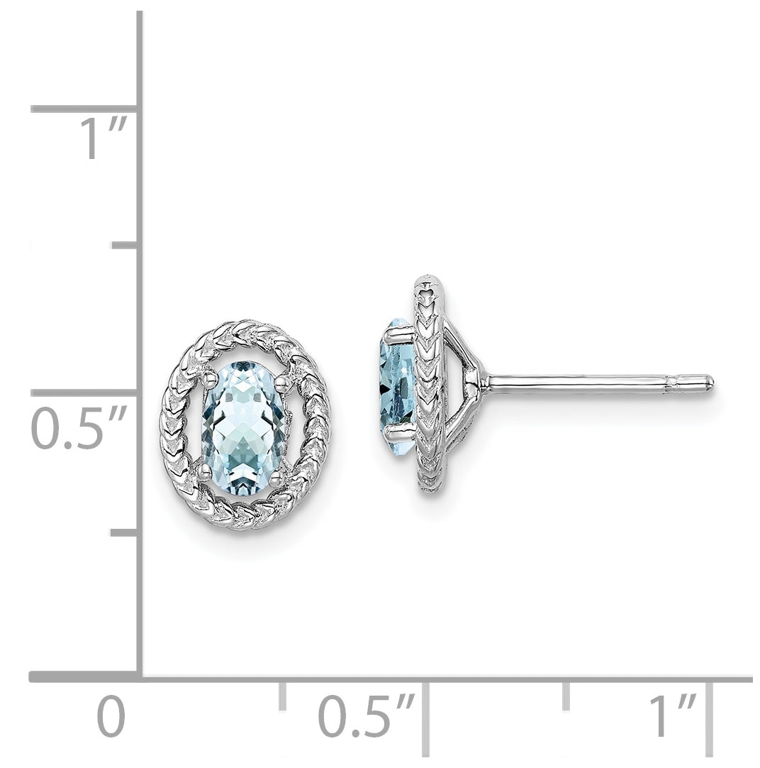 Sterling Silver Rhodium Plated Aquamarine Oval Post Earrings