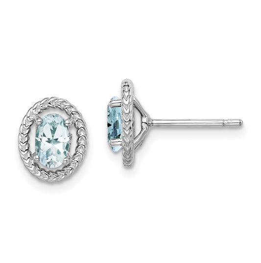 Sterling Silver Rhodium Plated Aquamarine Oval Post Earrings