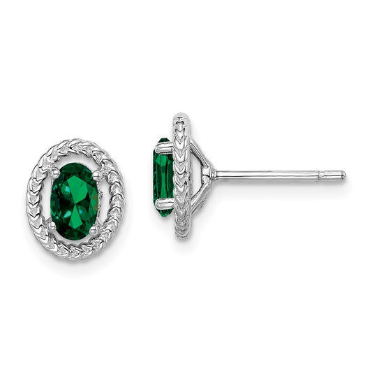 Sterling Silver Rhodium Plated Created Emerald Oval Post Earrings
