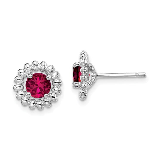 Sterling Silver Rhodium Plated Created Ruby Earrings