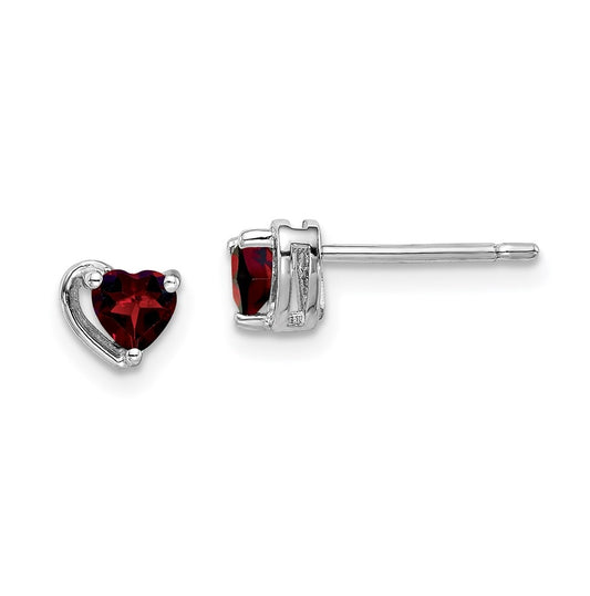 Sterling Silver Rhodium Plated Garnet Heart Post Earrings
