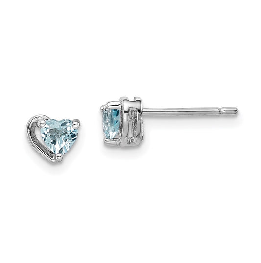 Sterling Silver Rhodium Plated Aquamarine Heart Post Earrings
