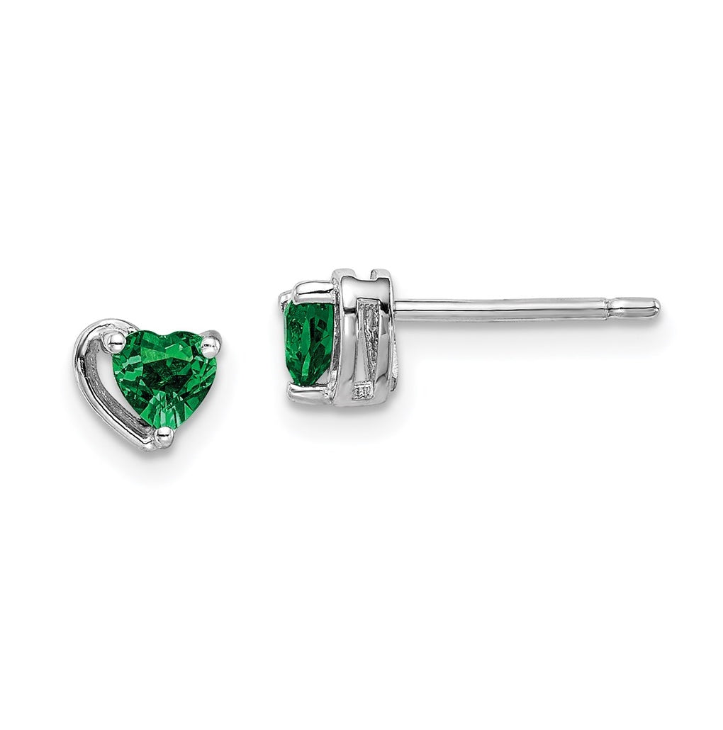 Sterling Silver Rhodium Plated Created Emerald Heart Post Earrings