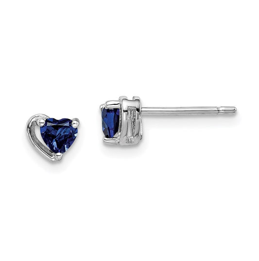 Sterling Silver Rhodium Plated Created Sapphire Heart Post Earrings