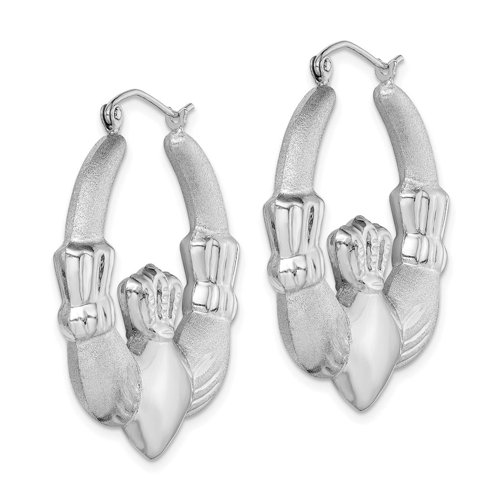 Sterling Silver Rhod-plated Polished/Satin Claddagh Hoop Earrings – Elegant Jewelry Gift for Birthday, Anniversary, Engagement, Wedding