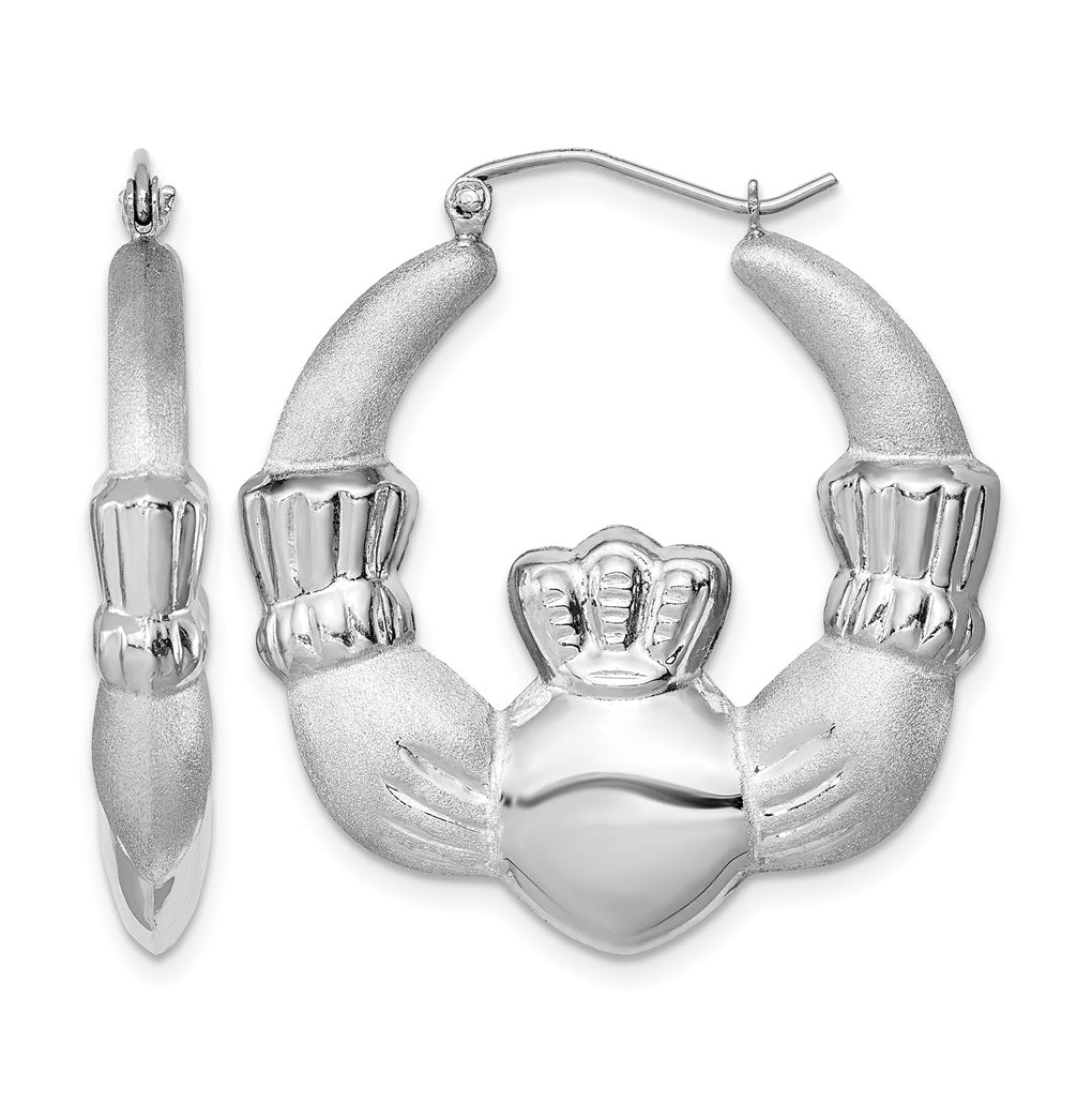 Sterling Silver Rhod-plated Polished/Satin Claddagh Hoop Earrings – Elegant Jewelry Gift for Birthday, Anniversary, Engagement, Wedding