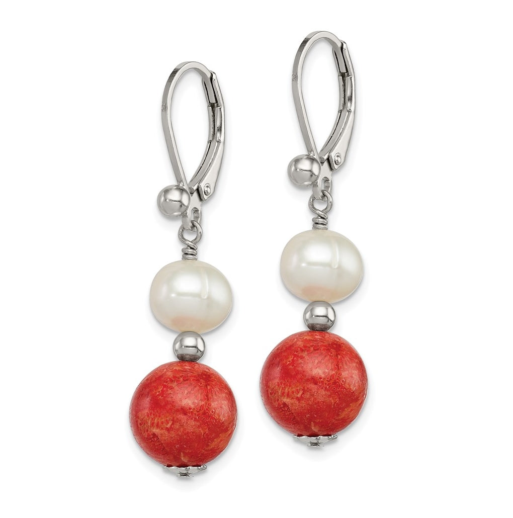 Sterling Silver Rhod-pltd FWC Pearl/Recons. Red Coral Dangle Earrings – Elegant Jewelry Gift for Birthday, Anniversary, Engagement, Wedding