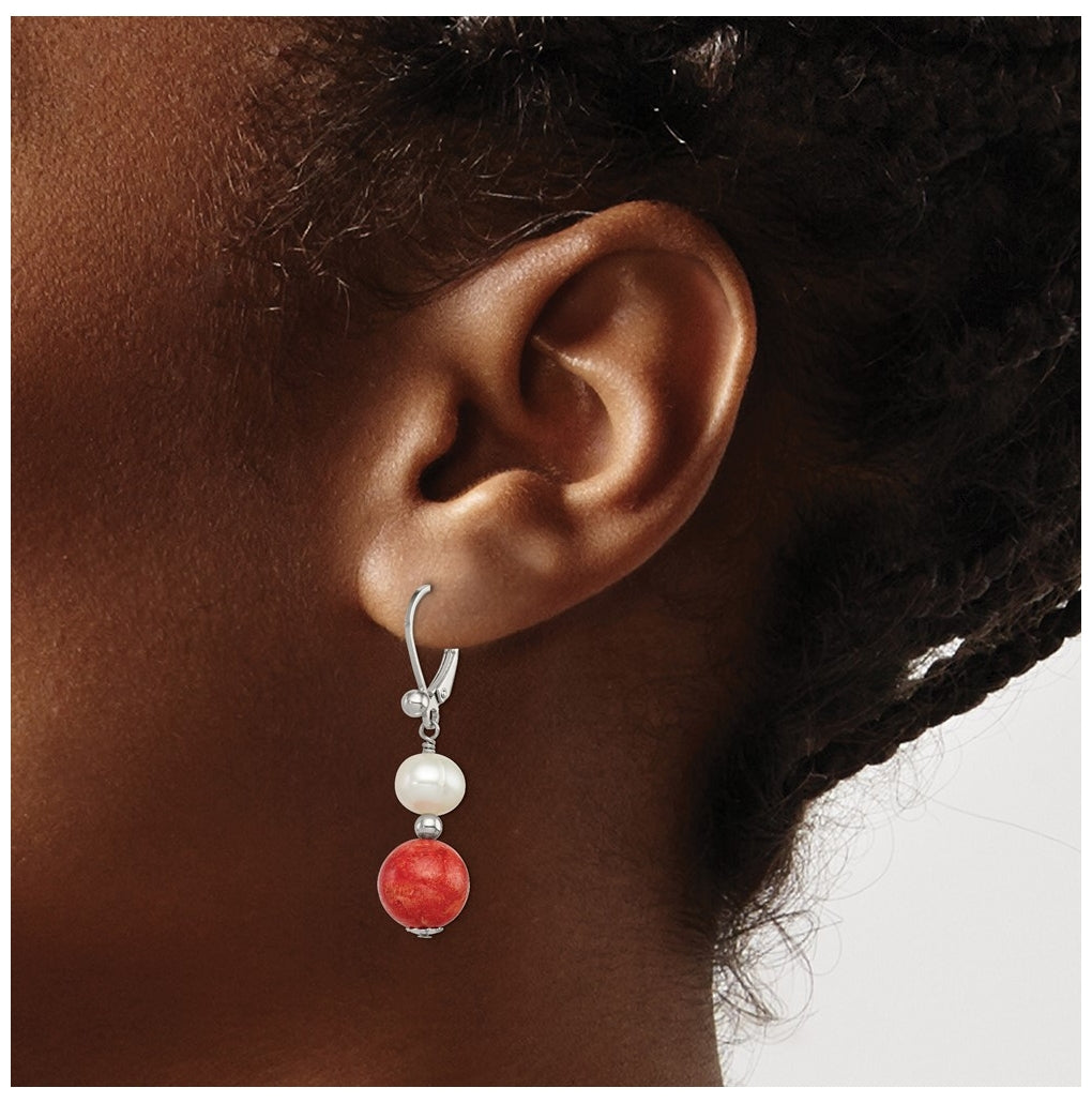 Sterling Silver Rhod-pltd FWC Pearl/Recons. Red Coral Dangle Earrings – Elegant Jewelry Gift for Birthday, Anniversary, Engagement, Wedding
