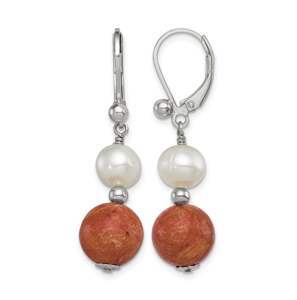 Sterling Silver Rhod-pltd FWC Pearl/Recons. Red Coral Dangle Earrings – Elegant Jewelry Gift for Birthday, Anniversary, Engagement, Wedding