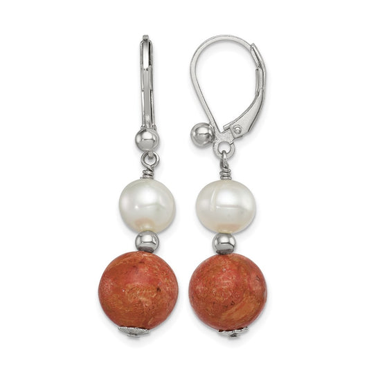 Sterling Silver Rhod-pltd FWC Pearl/Recons. Red Coral Dangle Earrings – Elegant Jewelry Gift for Birthday, Anniversary, Engagement, Wedding