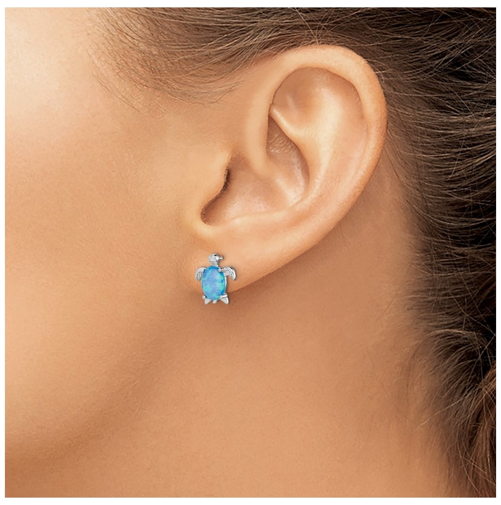 Sterling Silver Rhodium-plated Created Opal Polished Turtle Post Earrings – Elegant Jewelry Gift for Birthday, Anniversary, Engagement, Wedding