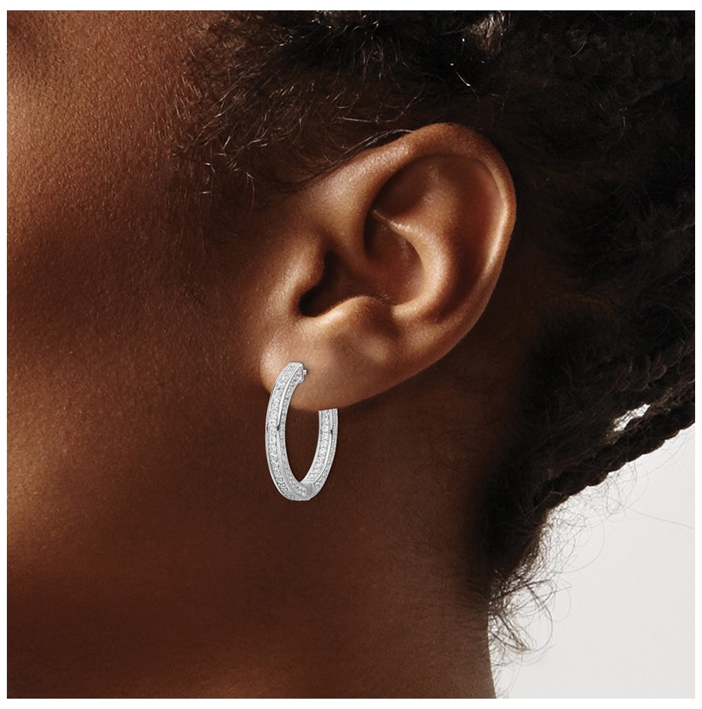 Sterling Silver Rhodium-plated Cubic Zirconia In and Out Round Hoop Earrings – Elegant Jewelry Gift for Birthday, Anniversary, Engagement, Wedding