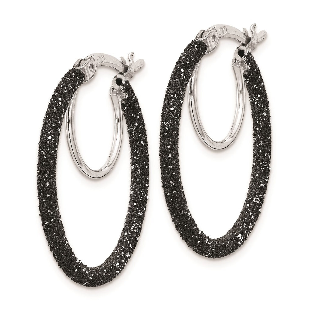 Sterling Silver Rhodium-plated Black Glitter Enamel 2x25mm Hoop Earrings – Elegant Jewelry Gift for Birthday, Anniversary, Engagement, Wedding