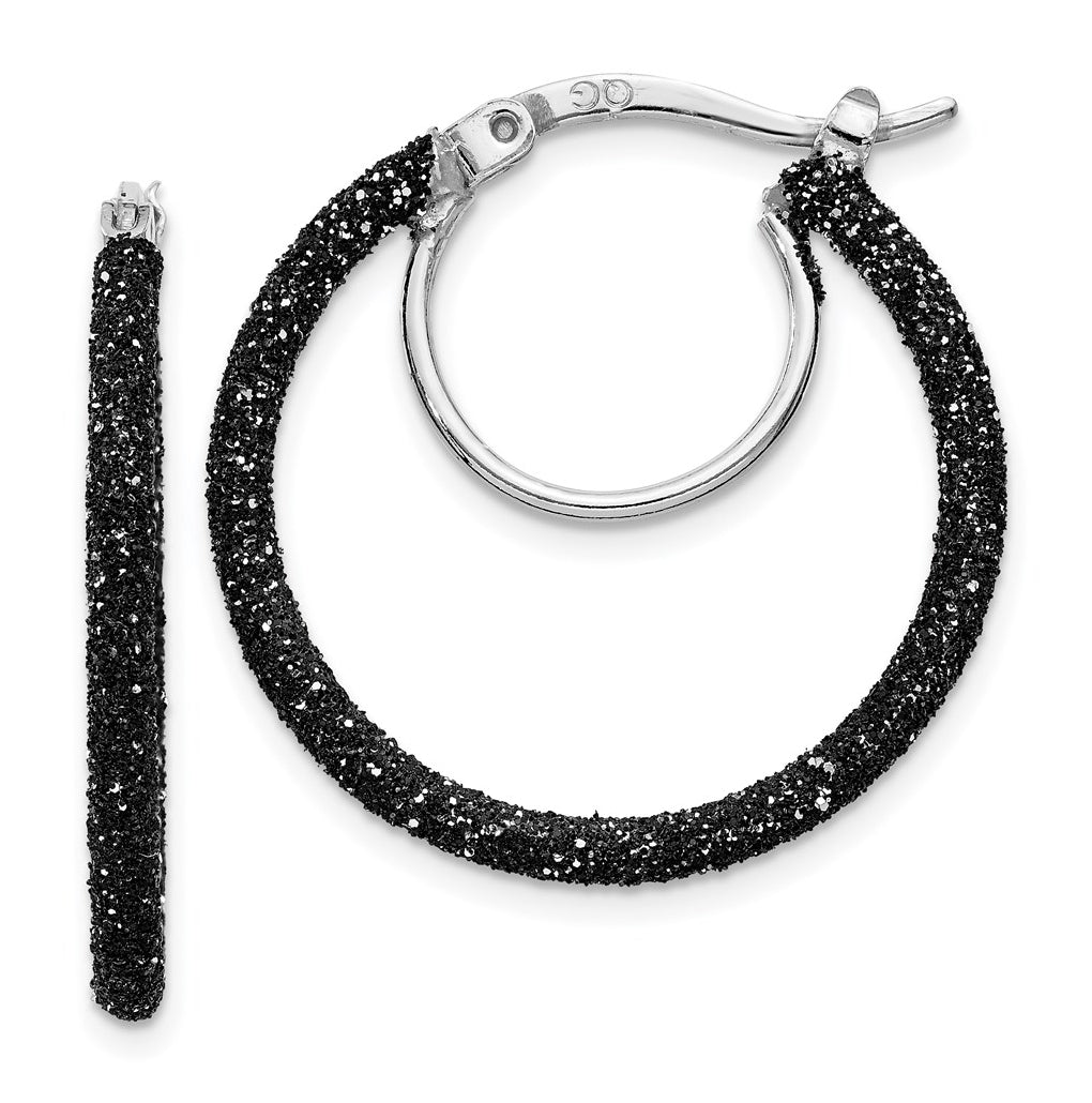 Sterling Silver Rhodium-plated Black Glitter Enamel 2x25mm Hoop Earrings – Elegant Jewelry Gift for Birthday, Anniversary, Engagement, Wedding