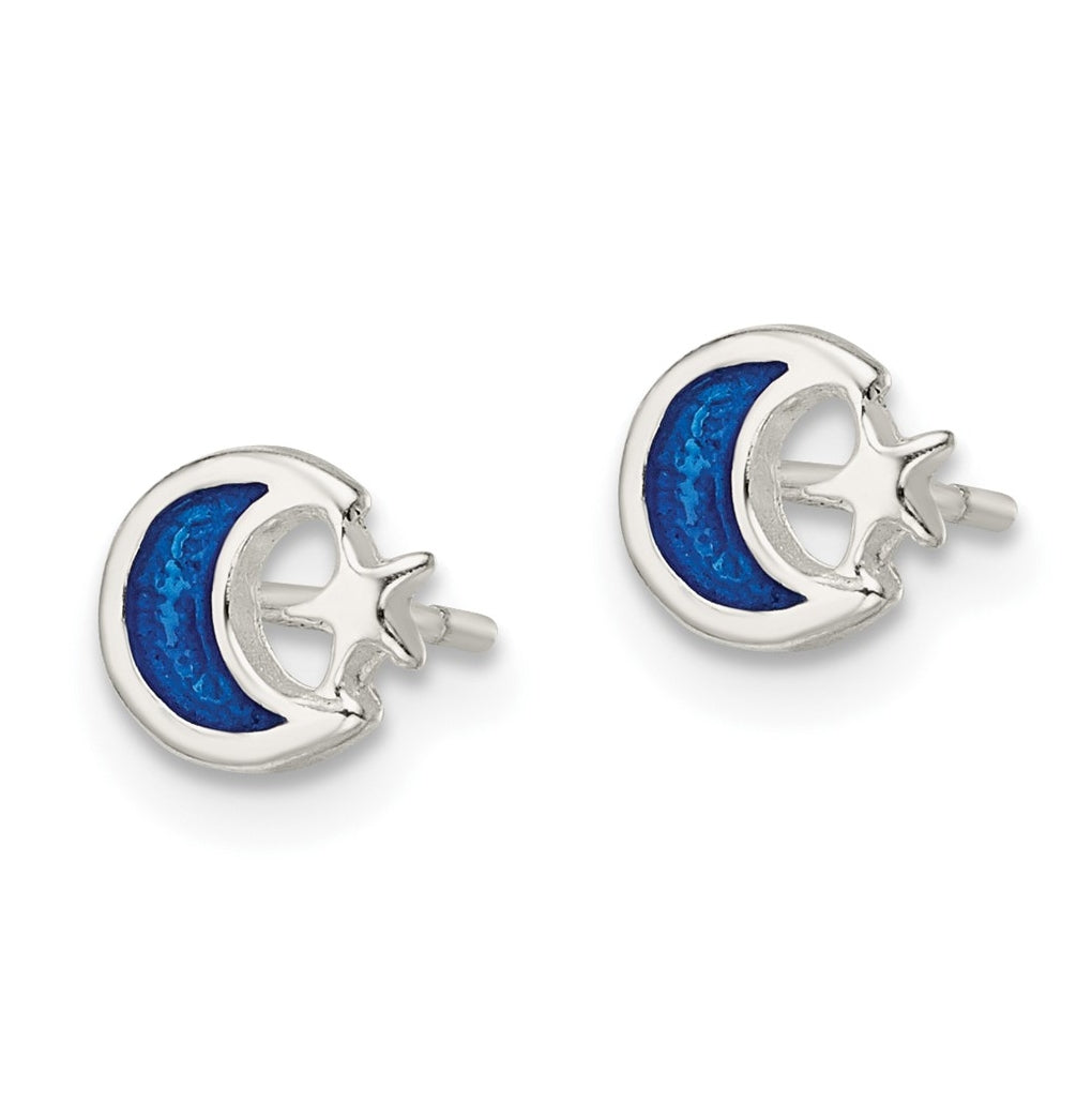 Sterling Silver Polished Blue Enamel Moon & Star Children's Post Earrings