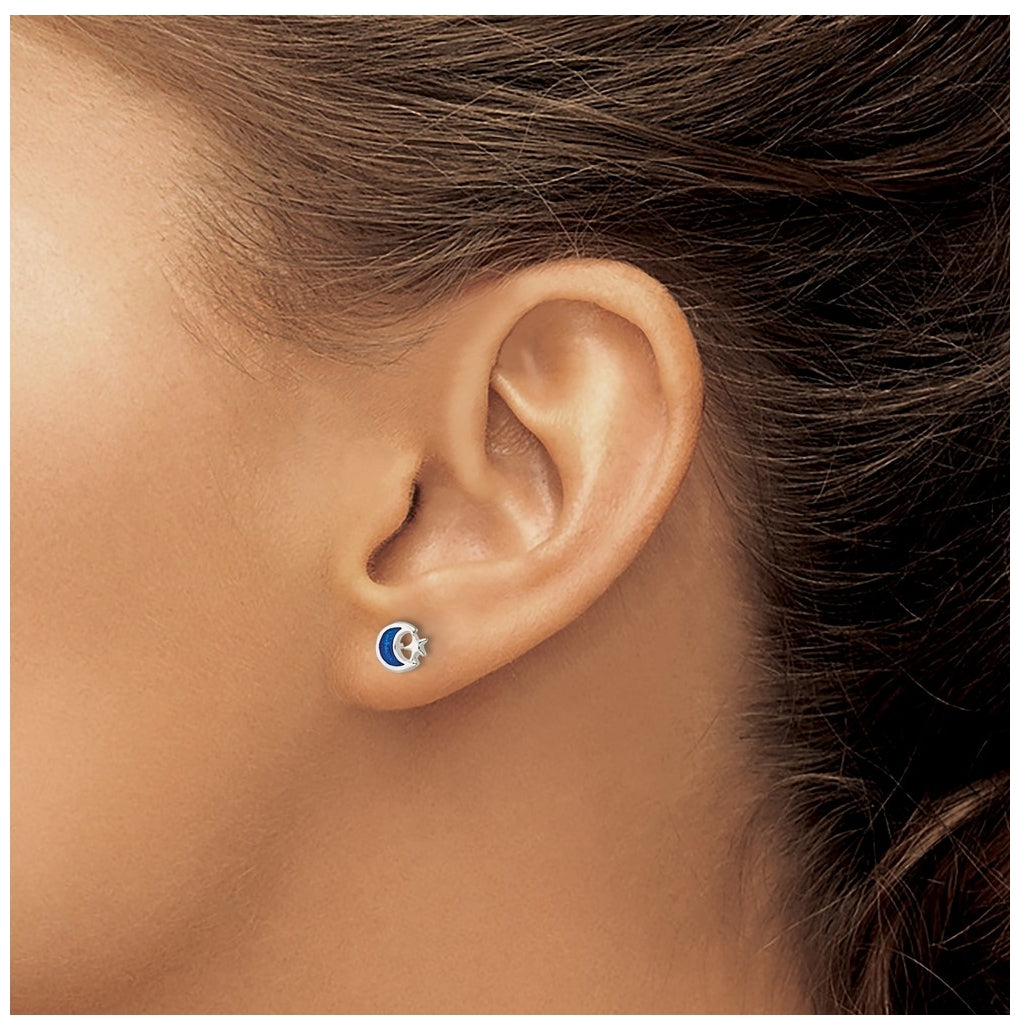 Sterling Silver Polished Blue Enamel Moon & Star Children's Post Earrings