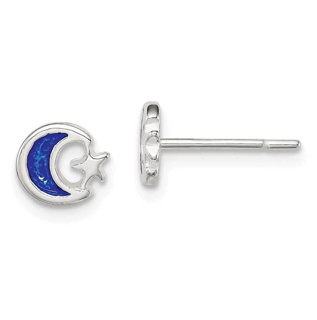 Sterling Silver Polished Blue Enamel Moon & Star Children's Post Earrings