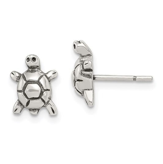 Sterling Silver Polished & Antiqued Turtle Post Earrings