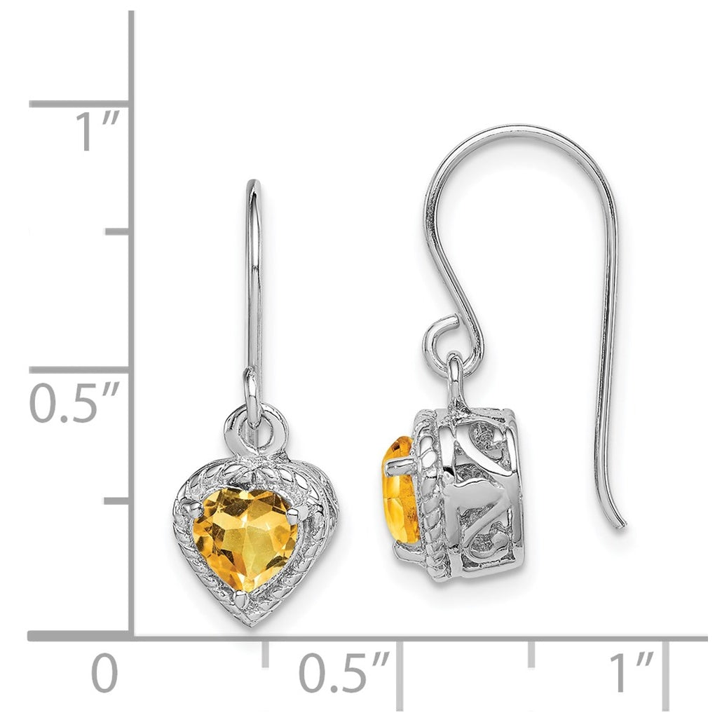 Sterling Silver Rhodium-plated Citrine Filigree Heart Dangle Earrings – Elegant Jewelry Gift for Birthday, Anniversary, Engagement, Wedding