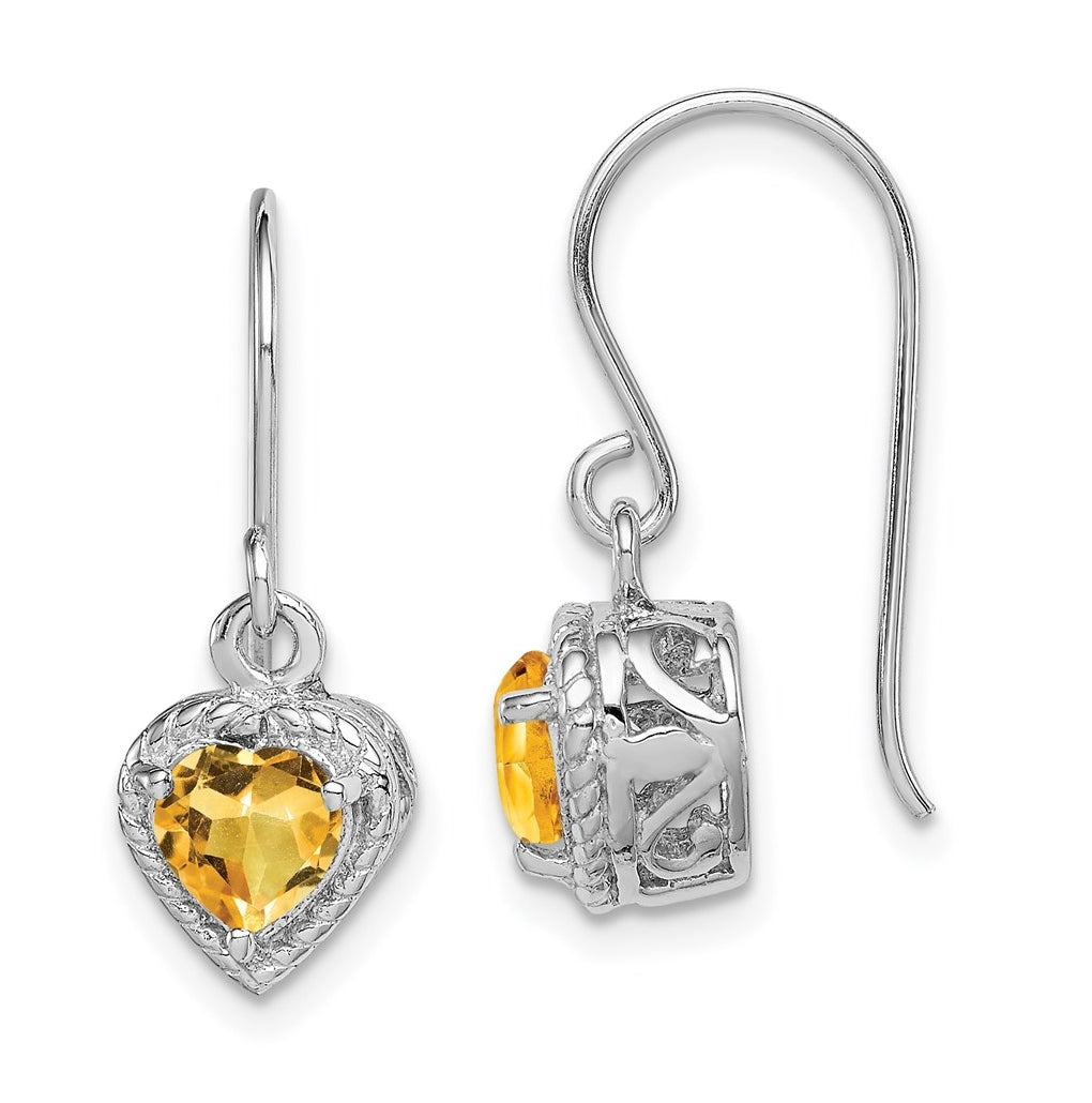 Sterling Silver Rhodium-plated Citrine Filigree Heart Dangle Earrings – Elegant Jewelry Gift for Birthday, Anniversary, Engagement, Wedding