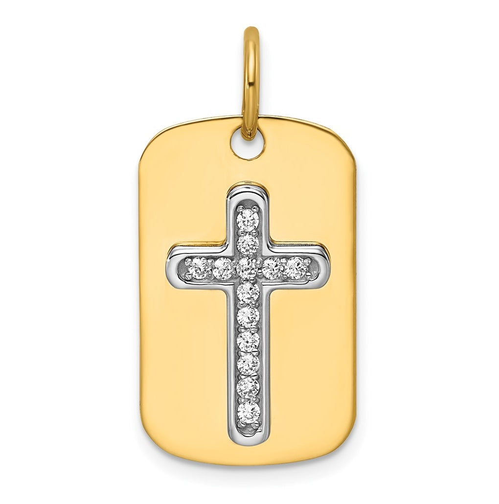 14K Yellow Gold 24x14.4 Dog Tag  14K White Gold 11.17mm Cross 13-1.5MM Cubic Zirconia Mounting – Elegant Jewelry Gift for Birthday, Anniversary, Engagement, Wedding