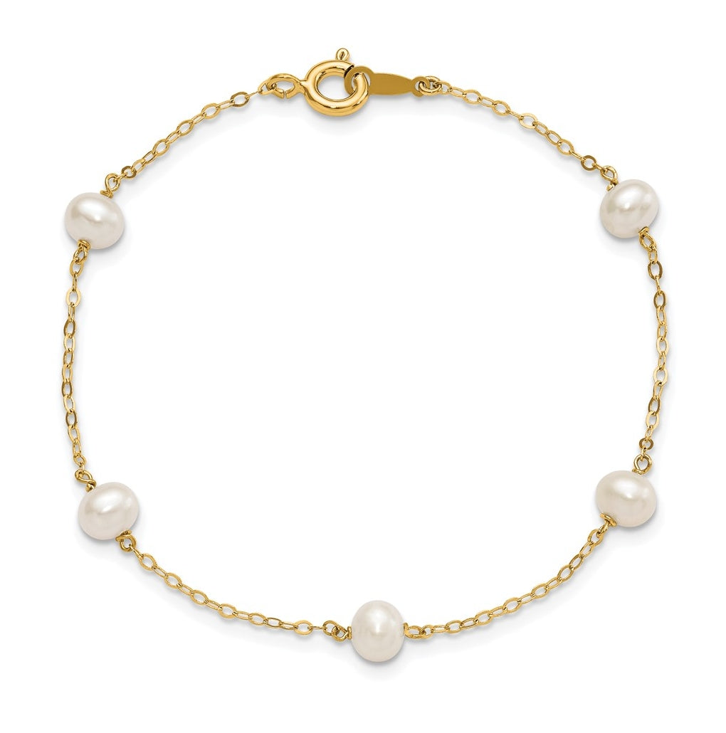 Sterling Silver Gold-plated 4-5mm White Semi Round Freshwater Cultured Pearl 5 Station Bracelet – Elegant Jewelry Gift for Birthday, Anniversary, Engagement, Wedding