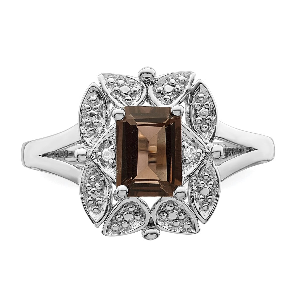 Sterling Silver Rhodium plated Diamond & Smoky Quartz Ring Size 6 – Elegant Jewelry Gift for Birthday, Anniversary, Engagement, Wedding