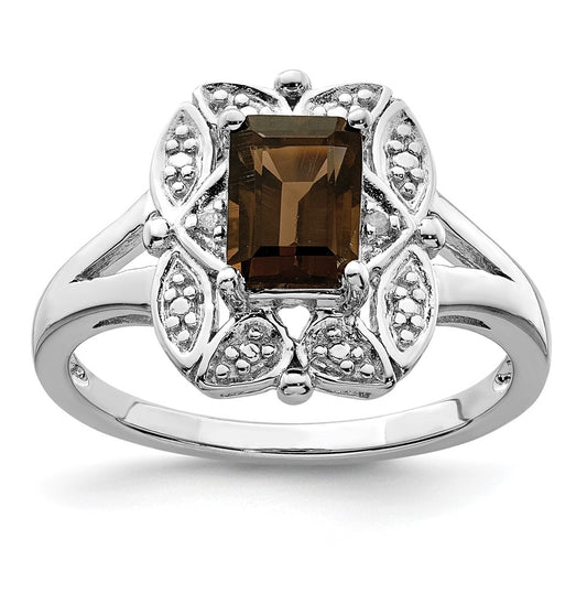 Sterling Silver Rhodium plated Diamond & Smoky Quartz Ring Size 6 – Elegant Jewelry Gift for Birthday, Anniversary, Engagement, Wedding