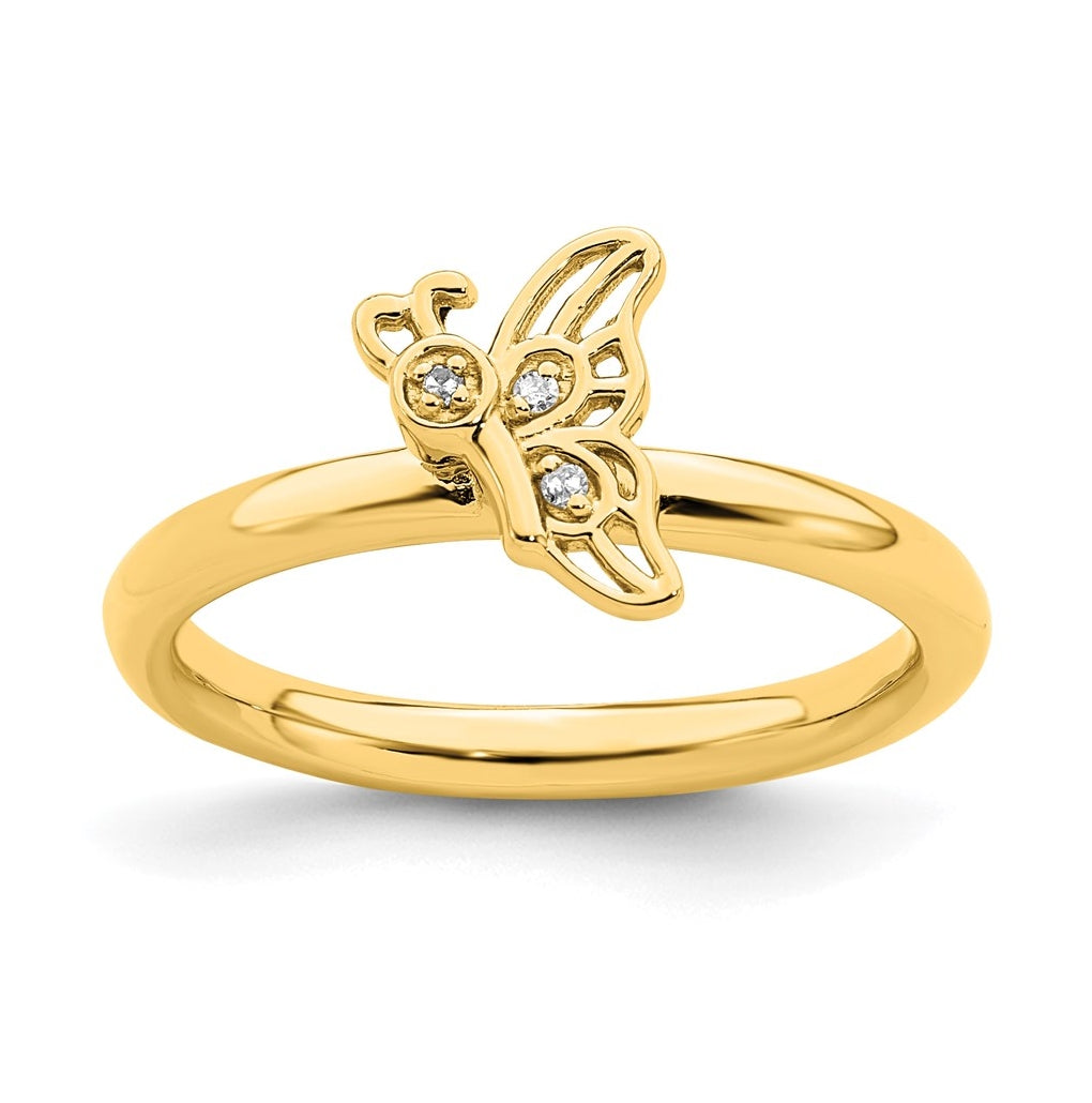 Sterling Silver Stackable Expressions Gold-plated Butterfly with Diamond Ring Size 5 – Elegant Jewelry Gift for Birthday, Anniversary, Engagement, Wedding