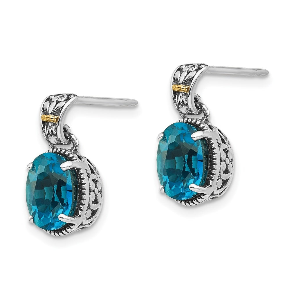 Sterling Silver Antiqued with 14k Yellow Gold London Blue Topaz Post Earrings – Elegant Jewelry Gift for Birthday, Anniversary, Engagement, Wedding
