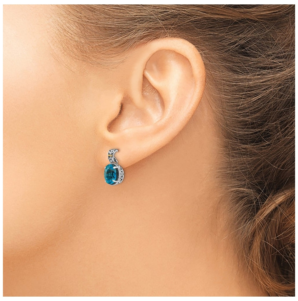 Sterling Silver Antiqued with 14k Yellow Gold London Blue Topaz Post Earrings – Elegant Jewelry Gift for Birthday, Anniversary, Engagement, Wedding