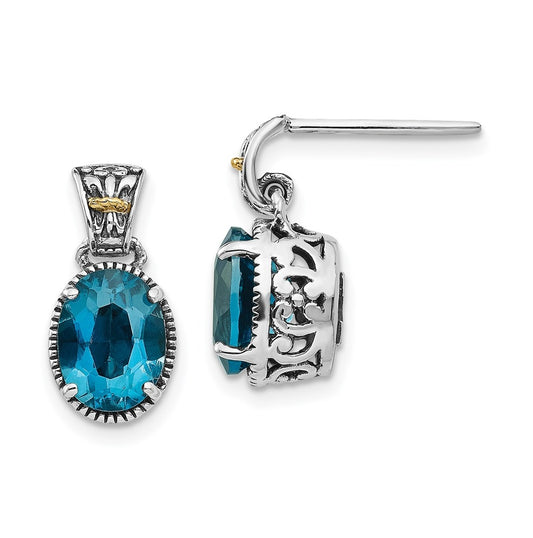 Sterling Silver Antiqued with 14k Yellow Gold London Blue Topaz Post Earrings – Elegant Jewelry Gift for Birthday, Anniversary, Engagement, Wedding
