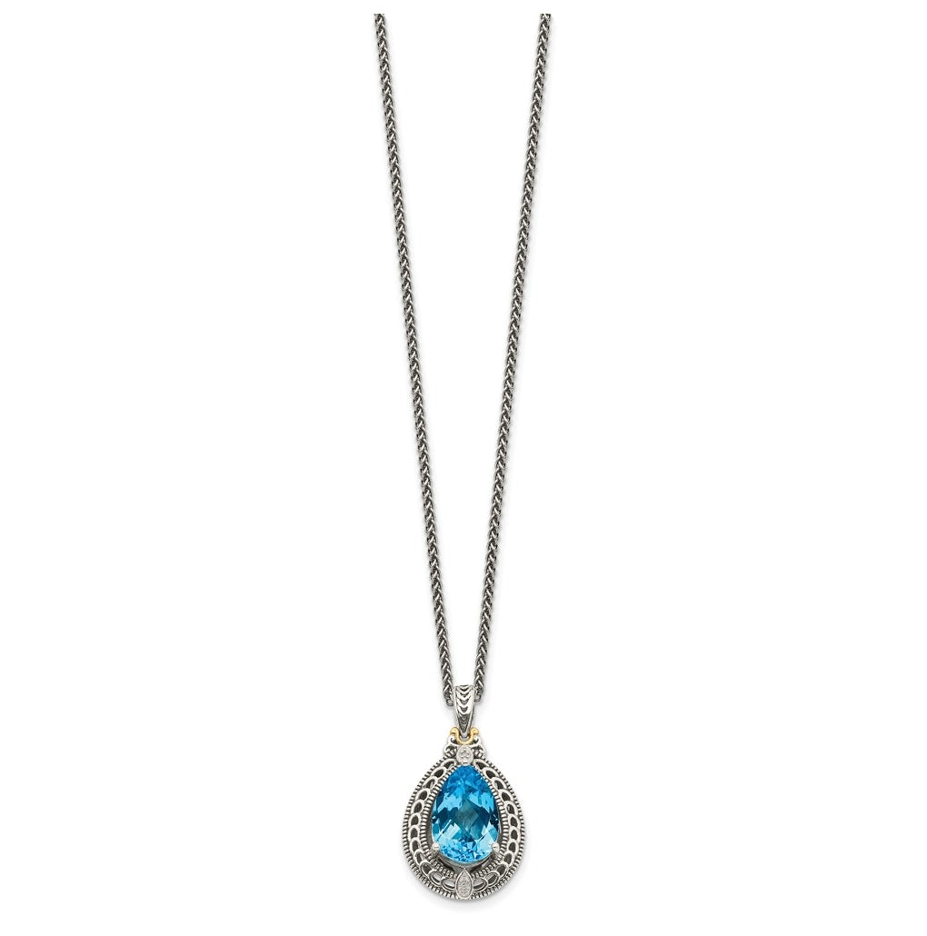 Sterling Silver Antiqued with 14k Yellow Gold Diamond & Blue Topaz 18 in Necklace – Elegant Jewelry Gift for Birthday, Anniversary, Engagement, Wedding