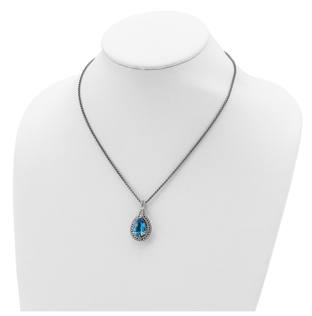 Sterling Silver Antiqued with 14k Yellow Gold Diamond & Blue Topaz 18 in Necklace – Elegant Jewelry Gift for Birthday, Anniversary, Engagement, Wedding