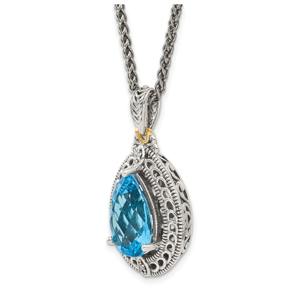 Sterling Silver Antiqued with 14k Yellow Gold Diamond & Blue Topaz 18 in Necklace – Elegant Jewelry Gift for Birthday, Anniversary, Engagement, Wedding
