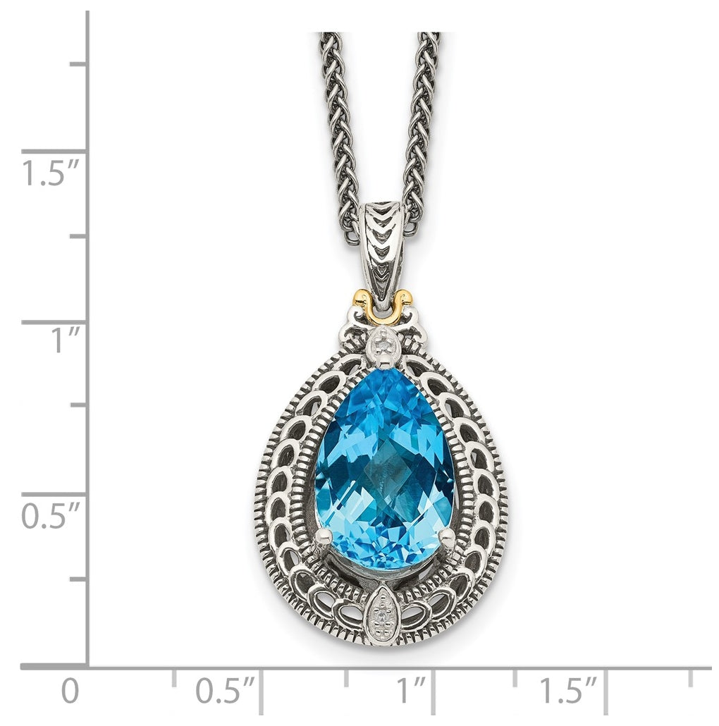 Sterling Silver Antiqued with 14k Yellow Gold Diamond & Blue Topaz 18 in Necklace – Elegant Jewelry Gift for Birthday, Anniversary, Engagement, Wedding