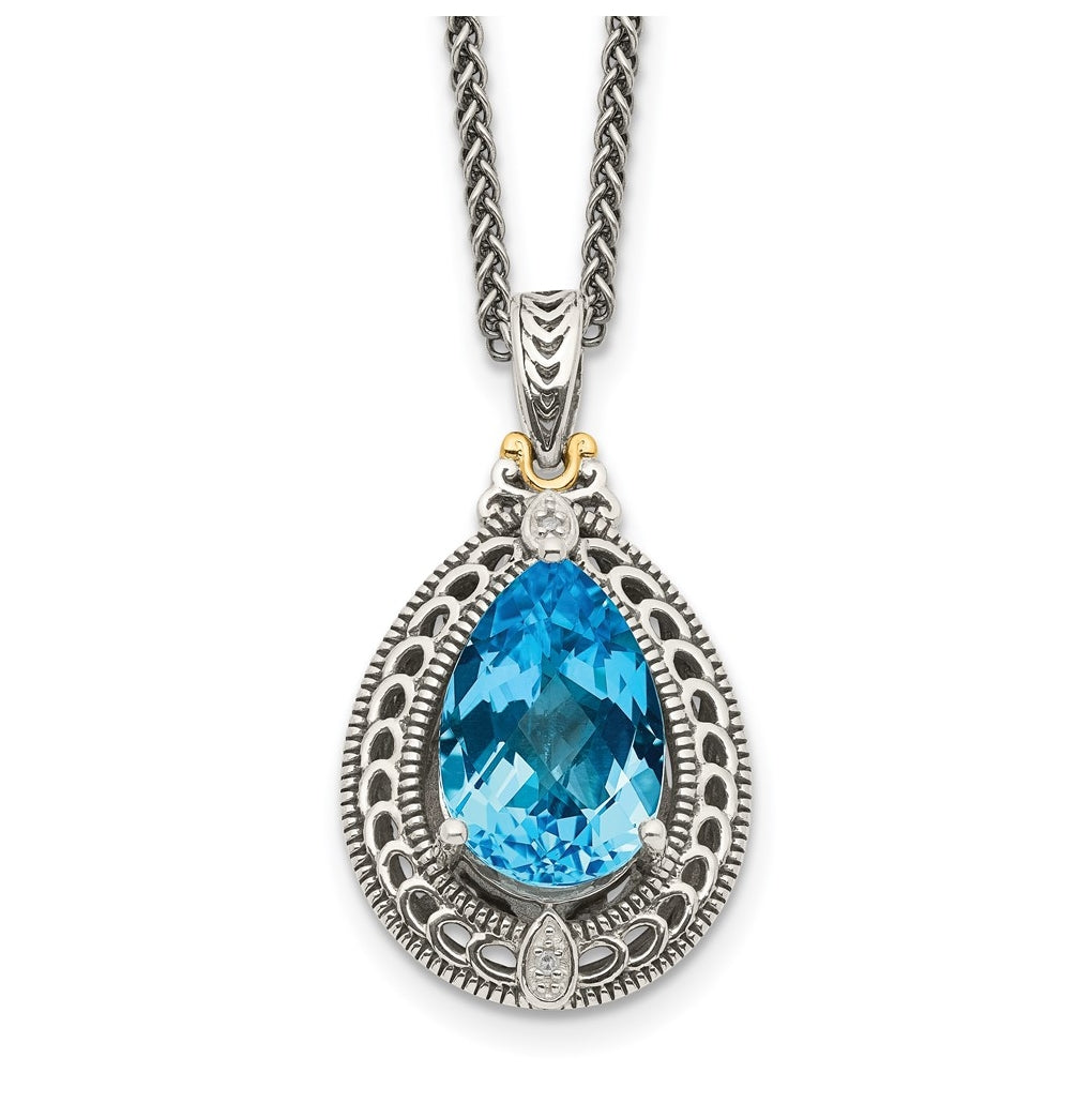 Sterling Silver Antiqued with 14k Yellow Gold Diamond & Blue Topaz 18 in Necklace – Elegant Jewelry Gift for Birthday, Anniversary, Engagement, Wedding