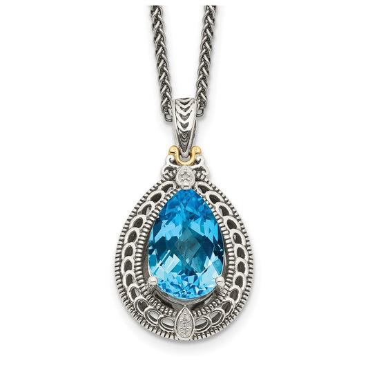 Sterling Silver Antiqued with 14k Yellow Gold Diamond & Blue Topaz 18 in Necklace – Elegant Jewelry Gift for Birthday, Anniversary, Engagement, Wedding
