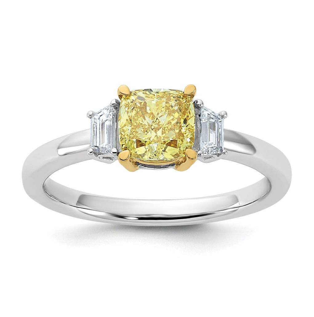 14k Yellow & White Gold Lab Grown Diamond Cushion VS+ Cert. Vivid Yellow & Trapezoid VS+ F+ Ring – Elegant Jewelry Gift for Birthday, Anniversary, Engagement, Wedding