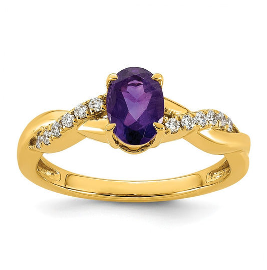 10K Yellow Gold Oval Amethyst & 1/10 Cttw Lab Grown Diamond VS/SI+ G+ February Birthstone Complete Ring – Elegant Jewelry Gift for Birthday, Anniversary, Engagement, Wedding