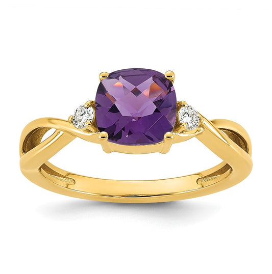 10K Yellow Gold Checkerboard Amethyst & Lab Grown Diamond VS/SI+ G+ February Birthstone Complete Ring – Elegant Jewelry Gift for Birthday, Anniversary, Engagement, Wedding