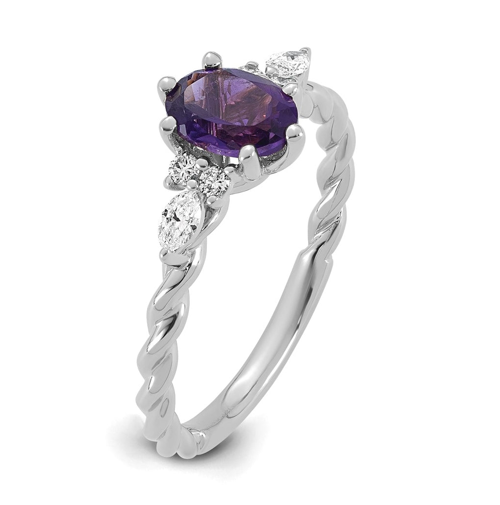 14K White Gold Polished Amethyst & 1/6 carat Lab Grown Diamond VS/SI+ G+ February Birthstone Complete Twisted Ring – Elegant Jewelry Gift for Birthday, Anniversary, Engagement, Wedding