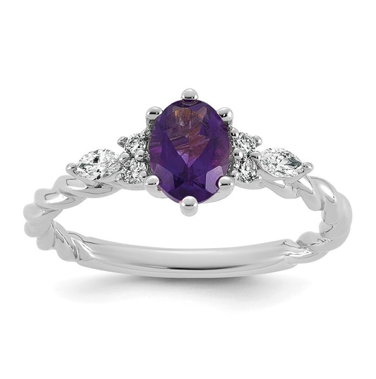 14K White Gold Polished Amethyst & 1/6 carat Lab Grown Diamond VS/SI+ G+ February Birthstone Complete Twisted Ring – Elegant Jewelry Gift for Birthday, Anniversary, Engagement, Wedding