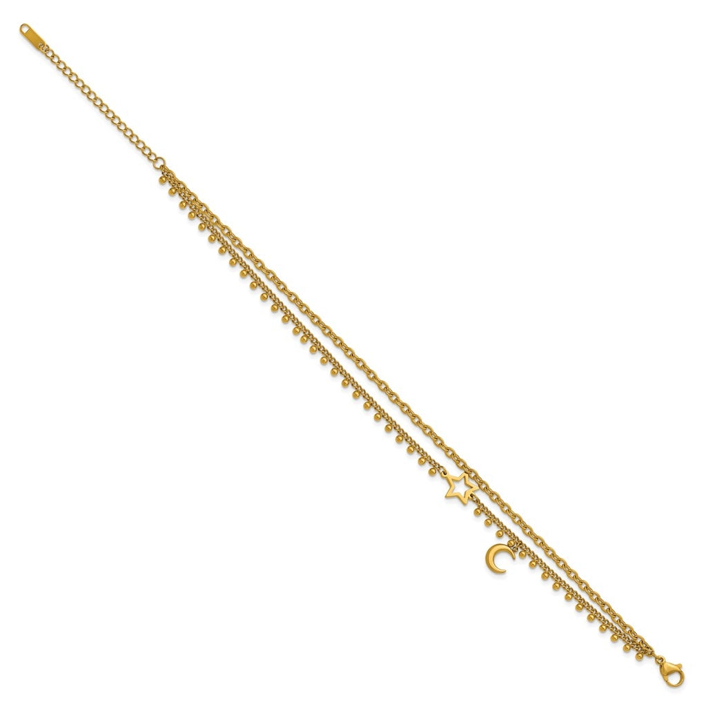 Stainless Steel Polished Yellow IP Moon and Star 9.75in with 2in ext. Anklet – Elegant Jewelry Gift for Birthday, Anniversary, Engagement, Wedding