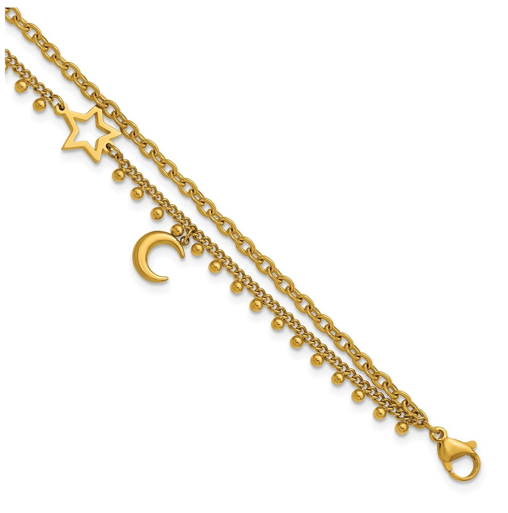 Stainless Steel Polished Yellow IP Moon and Star 9.75in with 2in ext. Anklet – Elegant Jewelry Gift for Birthday, Anniversary, Engagement, Wedding