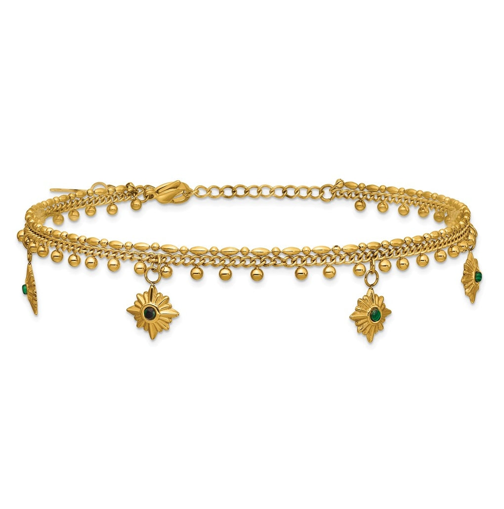 Stainless Steel Polished Yellow IP Imit.Malachite Suns with 2in ext. Anklet – Elegant Jewelry Gift for Birthday, Anniversary, Engagement, Wedding