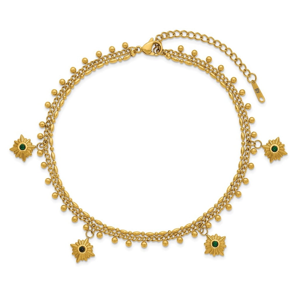 Stainless Steel Polished Yellow IP Imit.Malachite Suns with 2in ext. Anklet – Elegant Jewelry Gift for Birthday, Anniversary, Engagement, Wedding